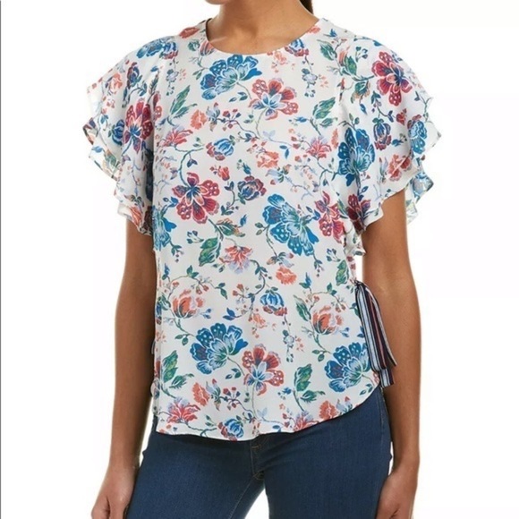 Laundry By Shelli Segal Floral Ruffle SideTie Short Sleeve Top Size L - Picture 1 of 15